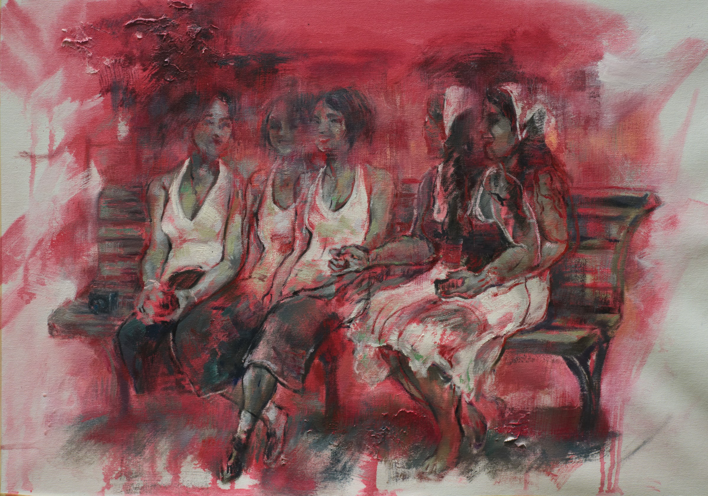 Painting of women seated together on a bench amid layered red and pink brushwork