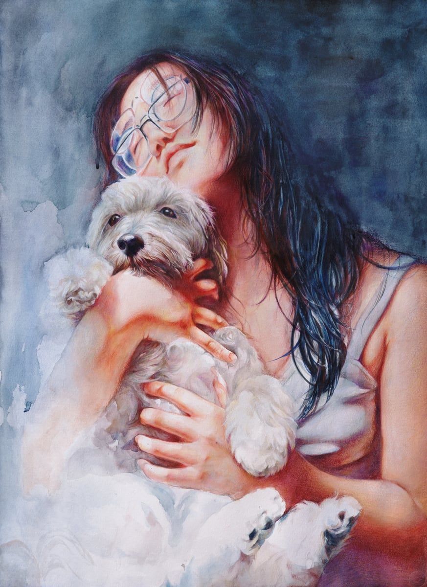 Portrait artwork of a girl holding a small dog in blue tones