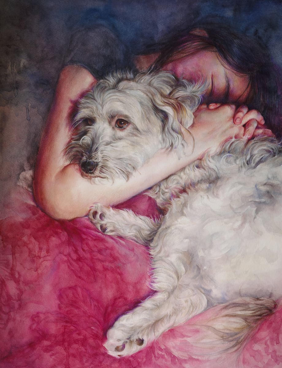 Pet portrait artwork of a girl embracing a dog on a red cushion
