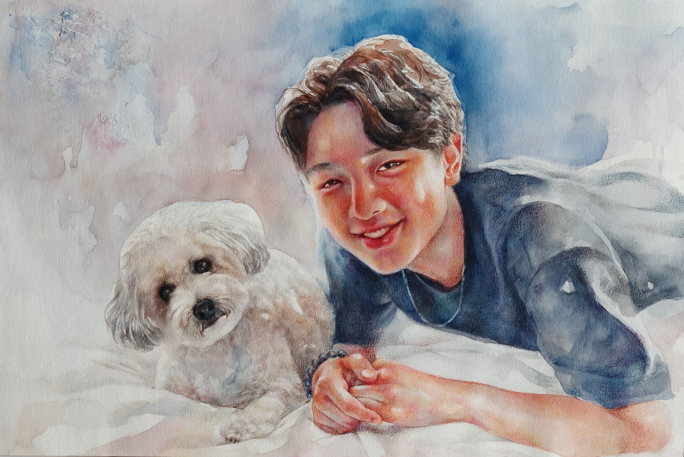 Watercolor portrait artwork of a boy beside a small white dog