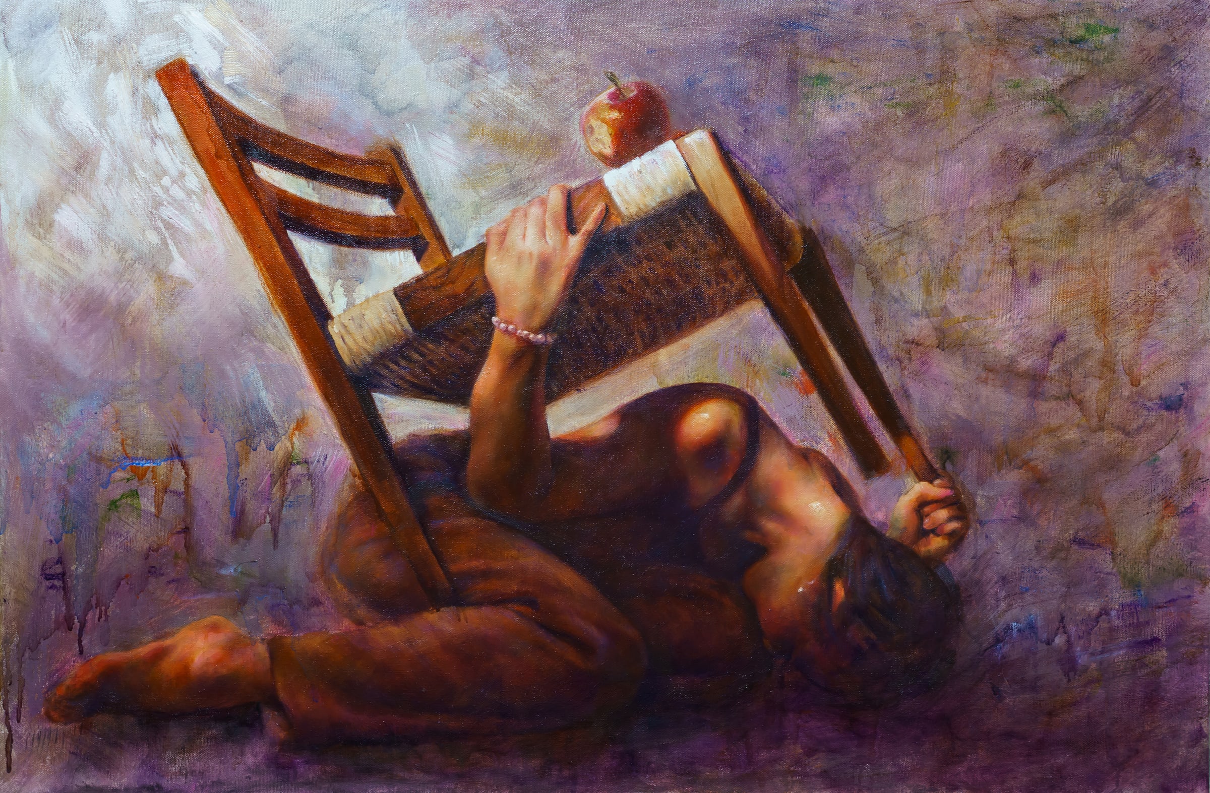 Figurative artwork of a person beneath an upturned wooden chair