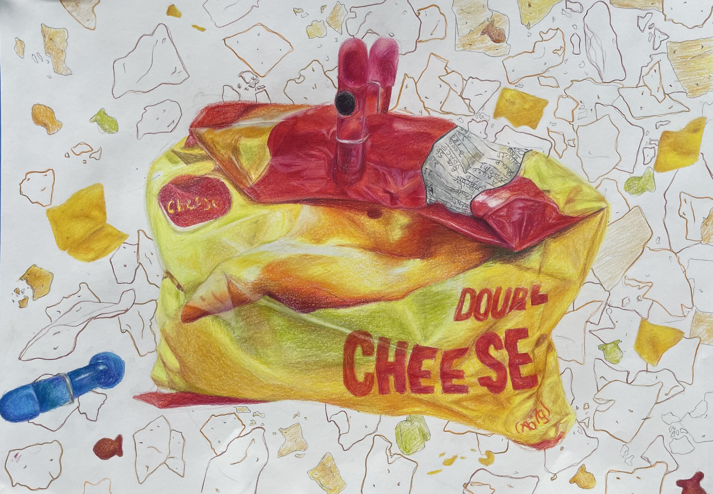 Still life artwork of a colorful cheese package on patterned paper
