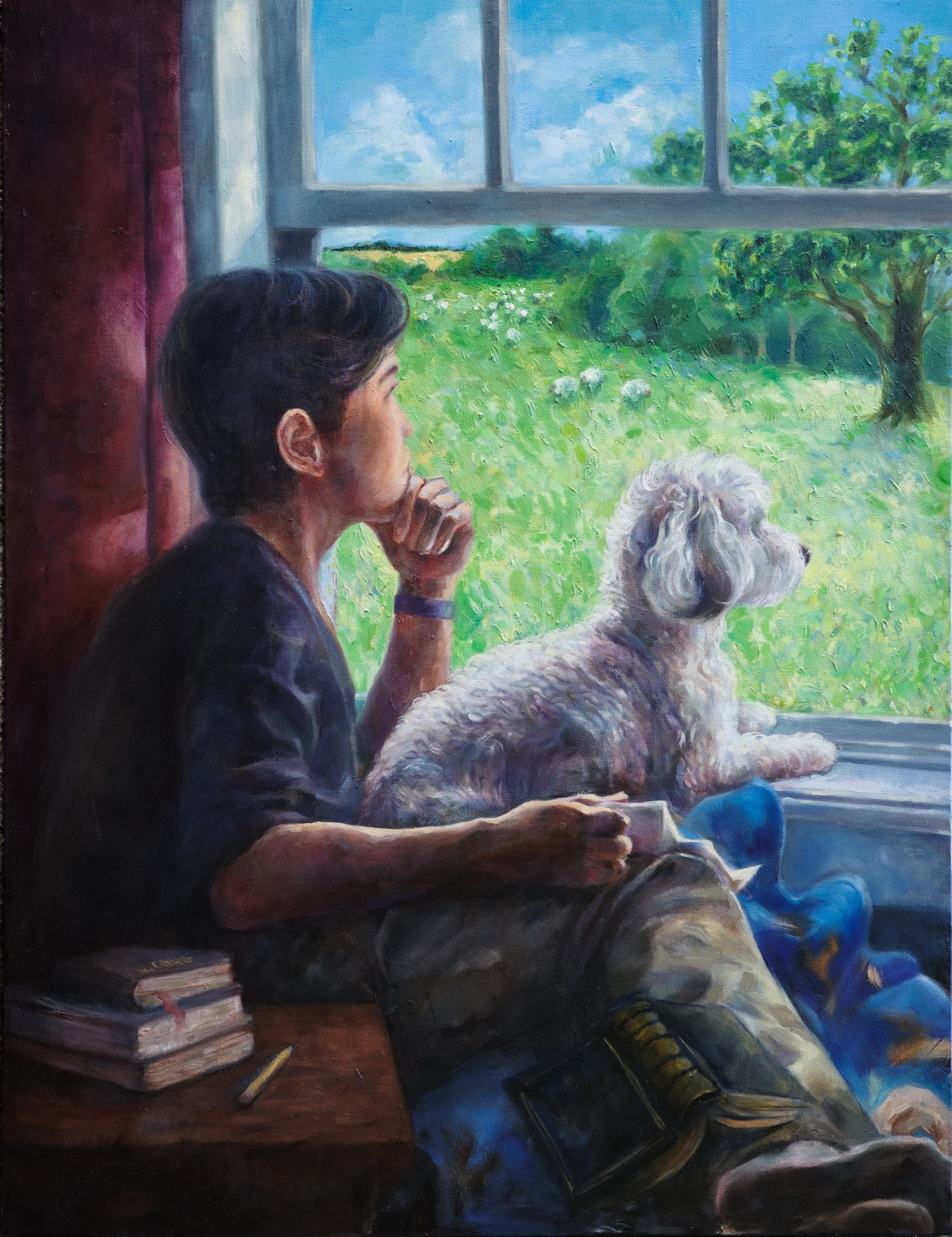 Interior artwork of a seated figure and small dog by a window