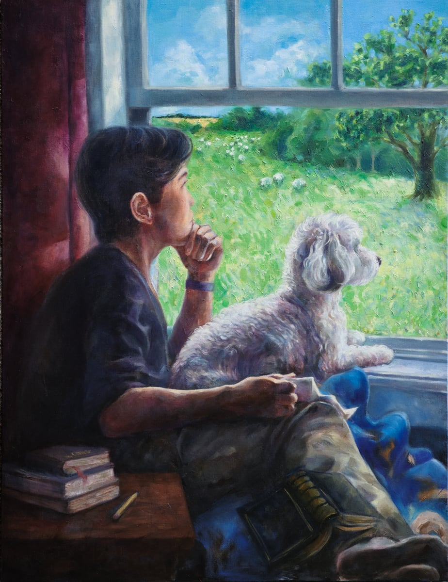 Interior artwork of a seated figure and small dog by a window