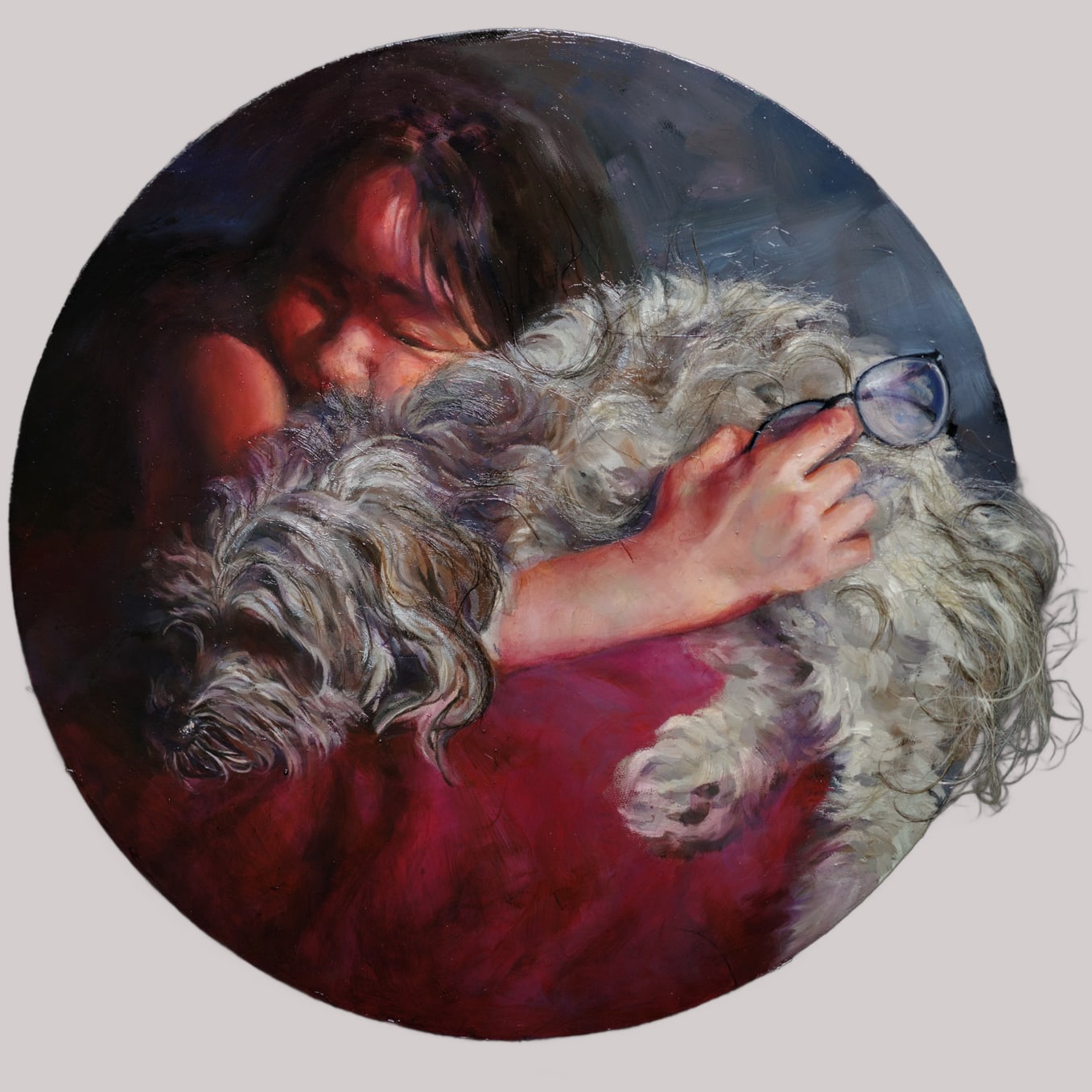 Circular pet portrait artwork of a person embracing a gray dog