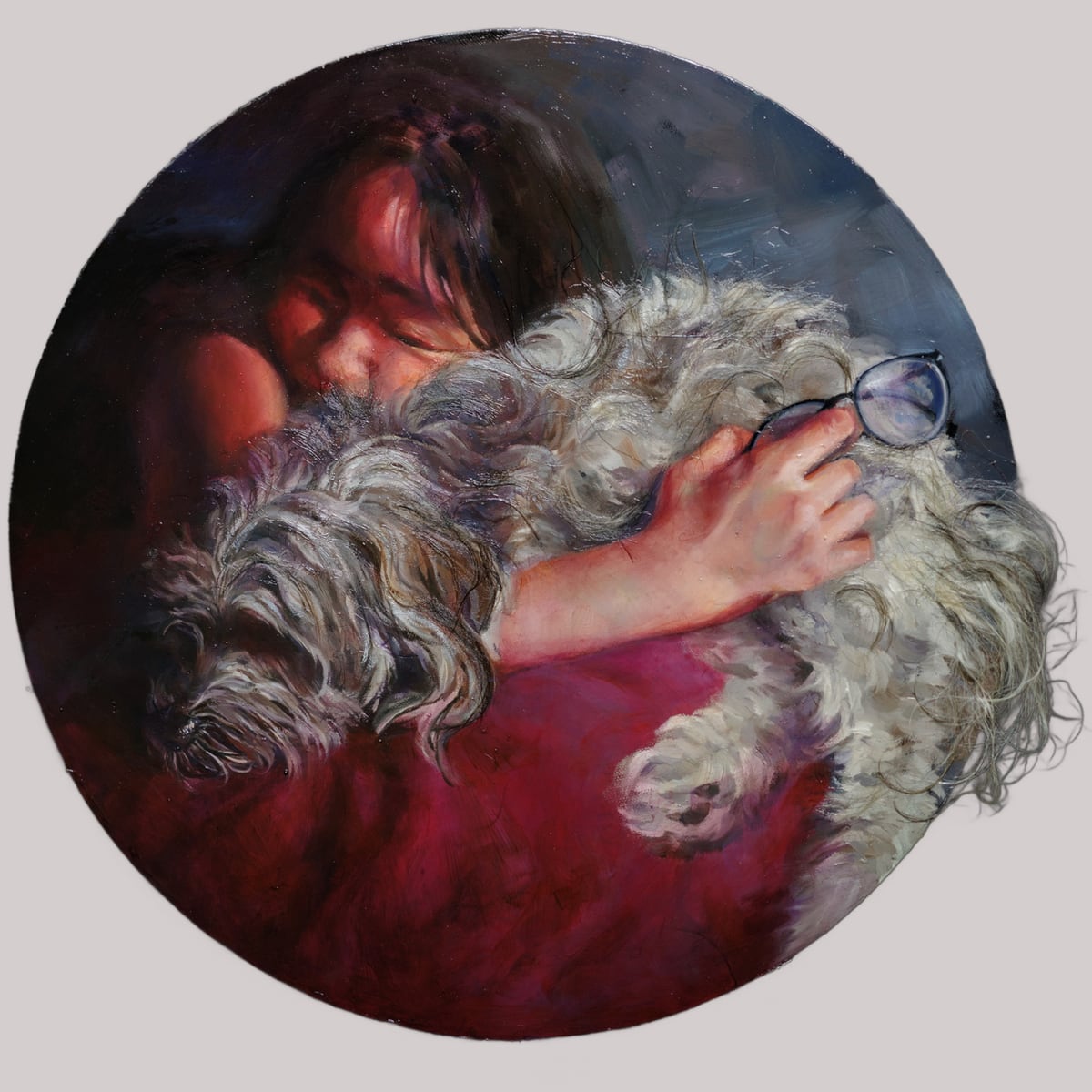 Circular pet portrait artwork of a person embracing a gray dog