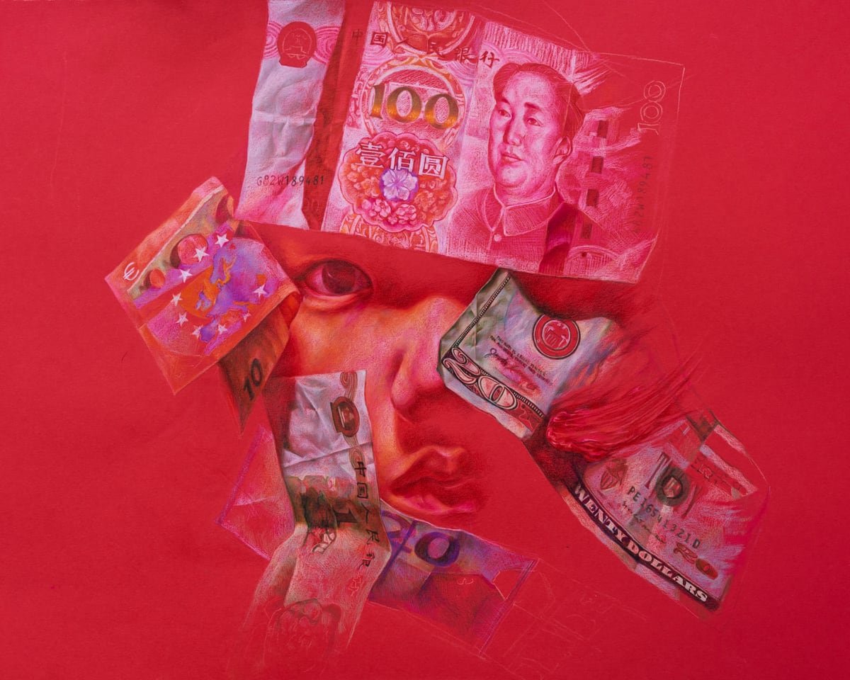 Vivid red portrait artwork with a hand holding money near the face