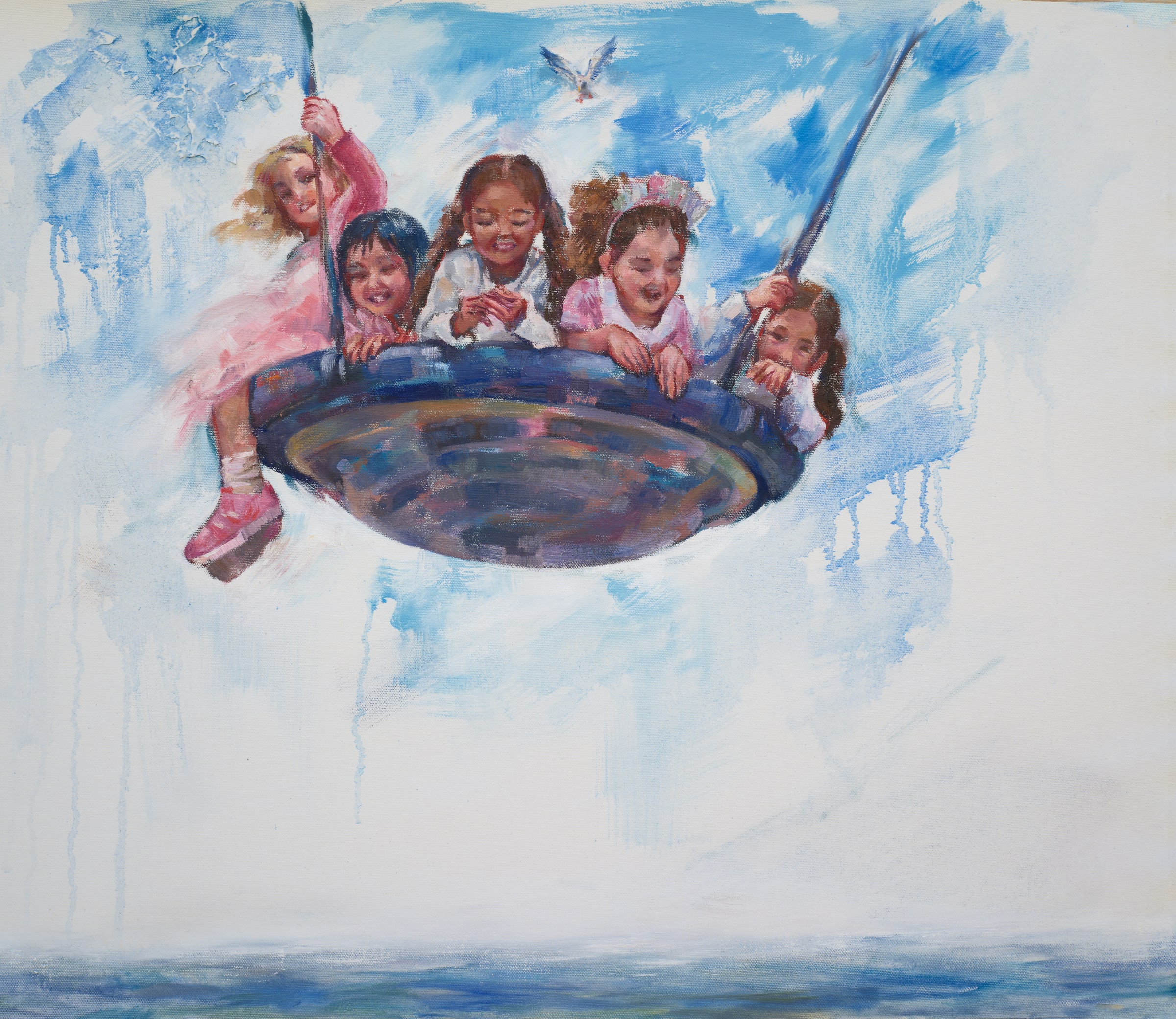 Painting of smiling children clustered on a round swing against a blue and white sky