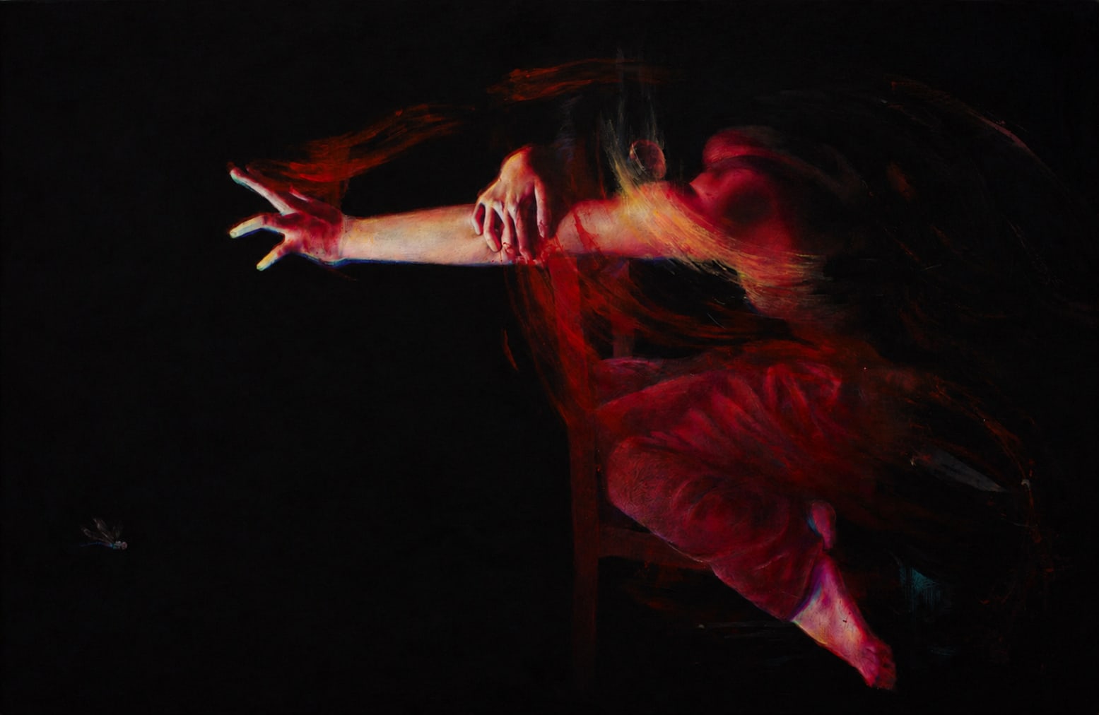 Dark figurative artwork of a red-clad figure reaching outward