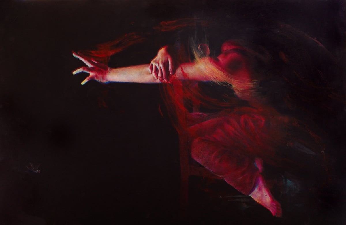 Dark figurative artwork of a red-clad figure reaching outward