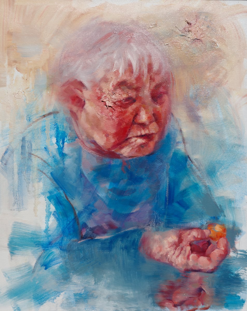 Textured portrait artwork of an older woman in soft reds and blues
