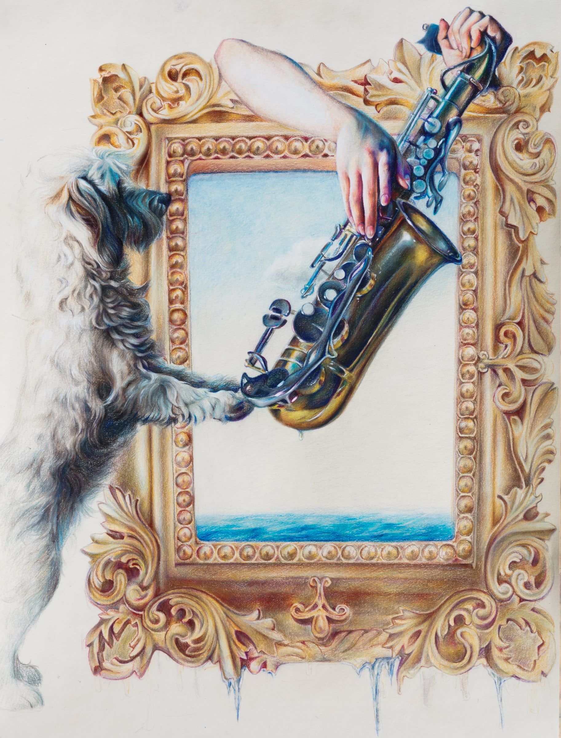 Artwork of a decorated mirror frame with a blue figure and musical mood