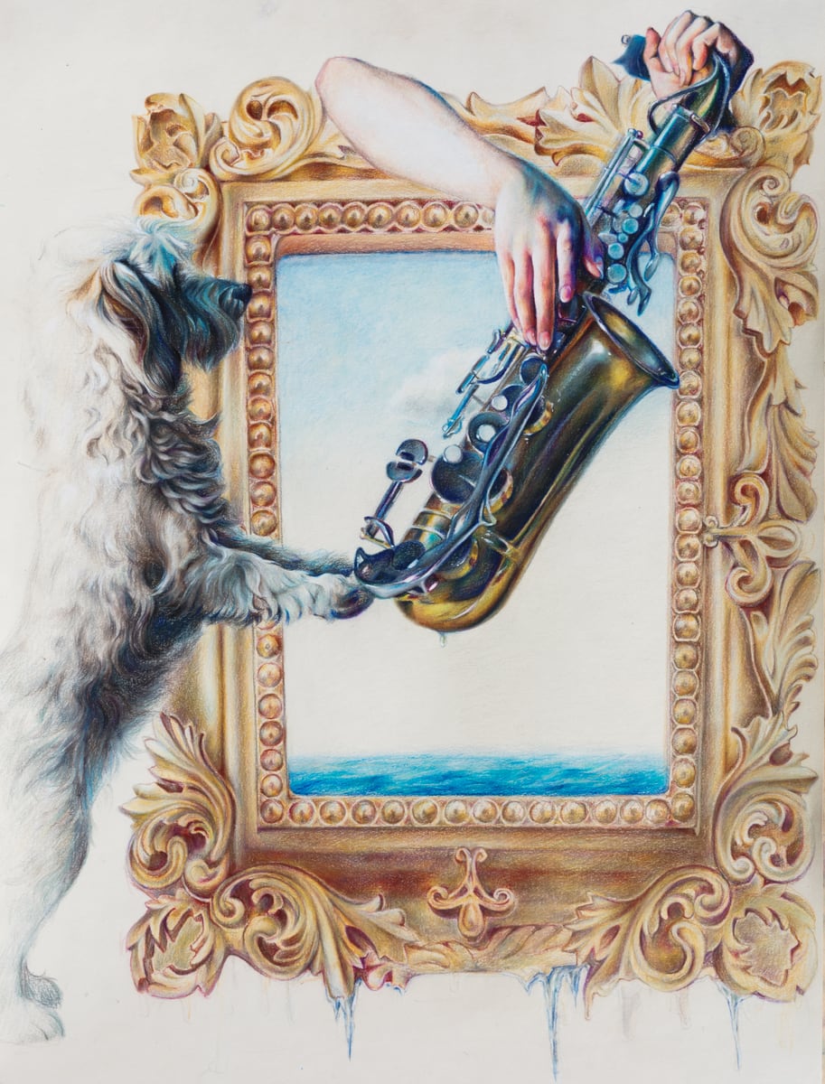 Artwork of a decorated mirror frame with a blue figure and musical mood