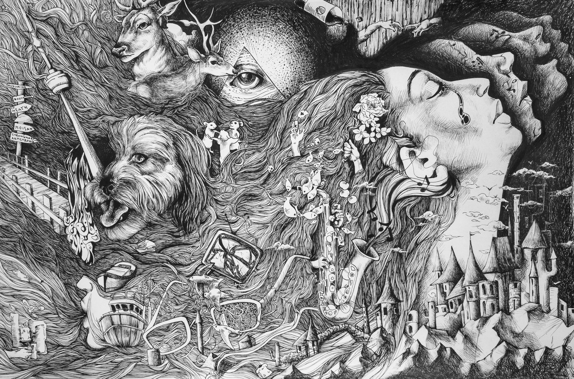 Detailed black and white drawing with layered figures and musical imagery