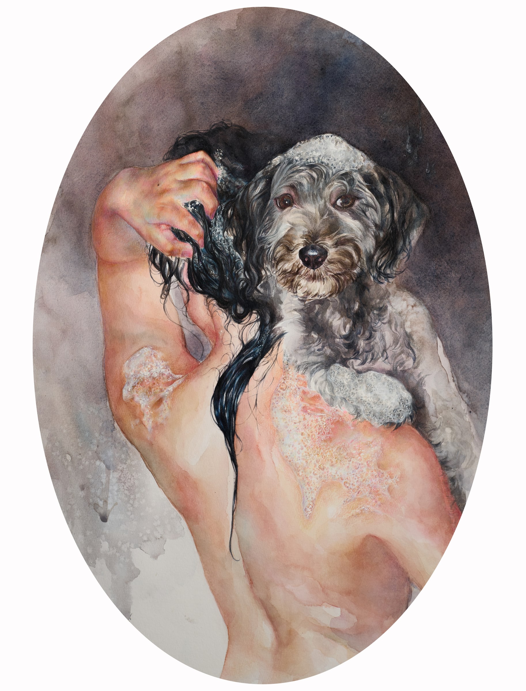 Oval figurative artwork of a person holding a small dog