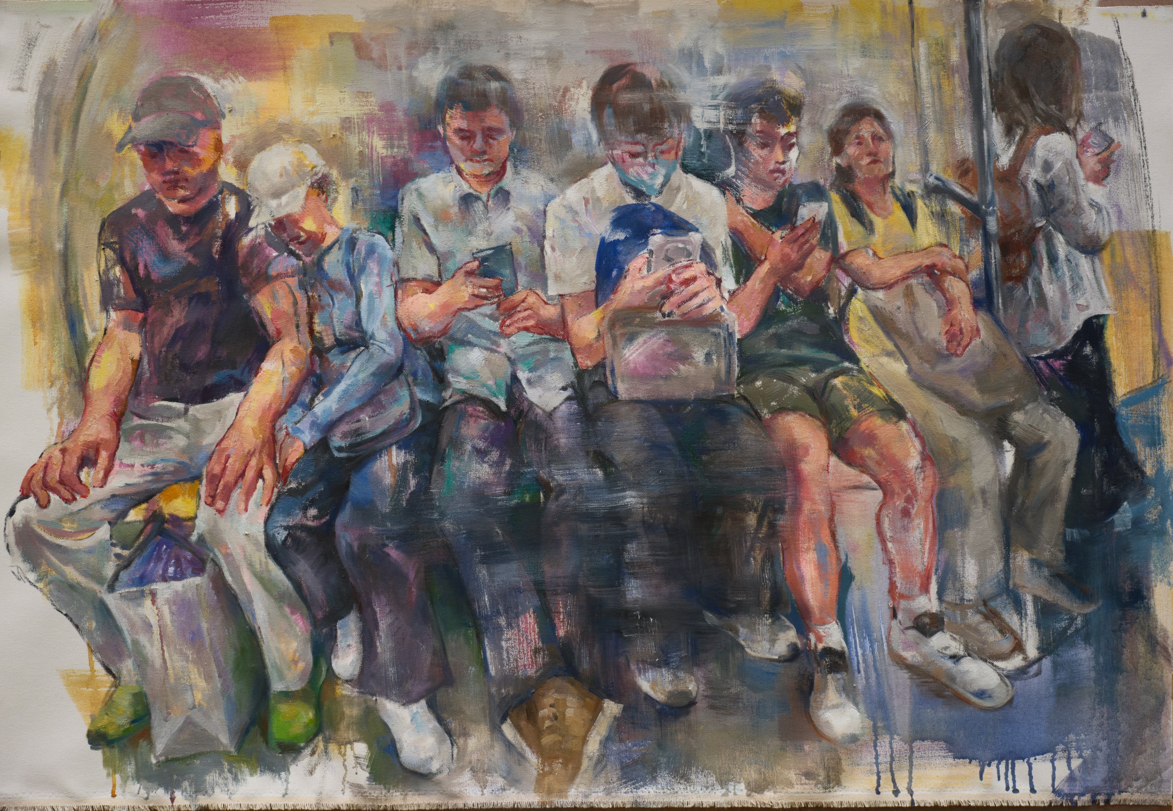 Painting of passengers seated side by side on public transit, several looking at their phones