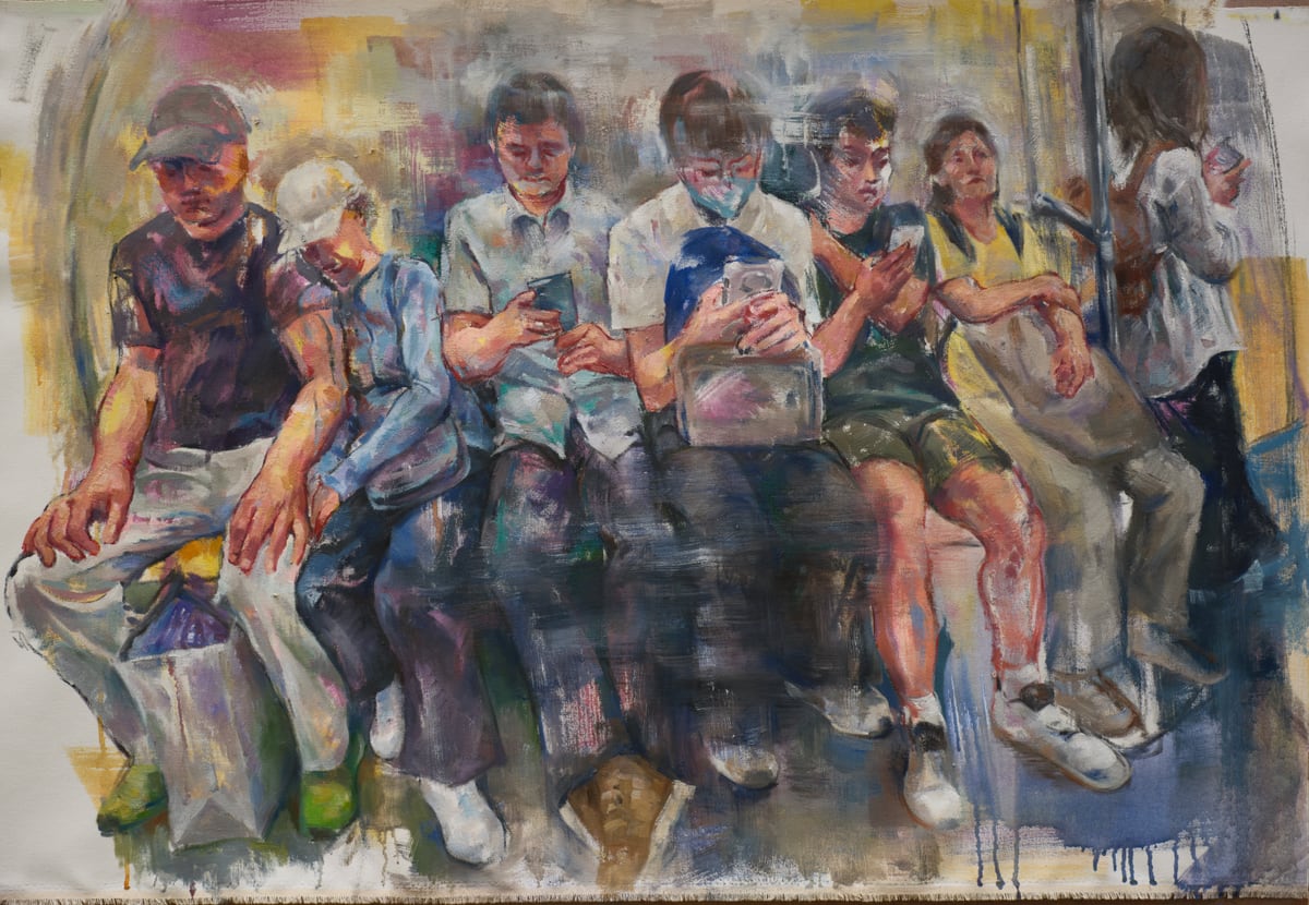 Painting of passengers seated side by side on public transit, several looking at their phones