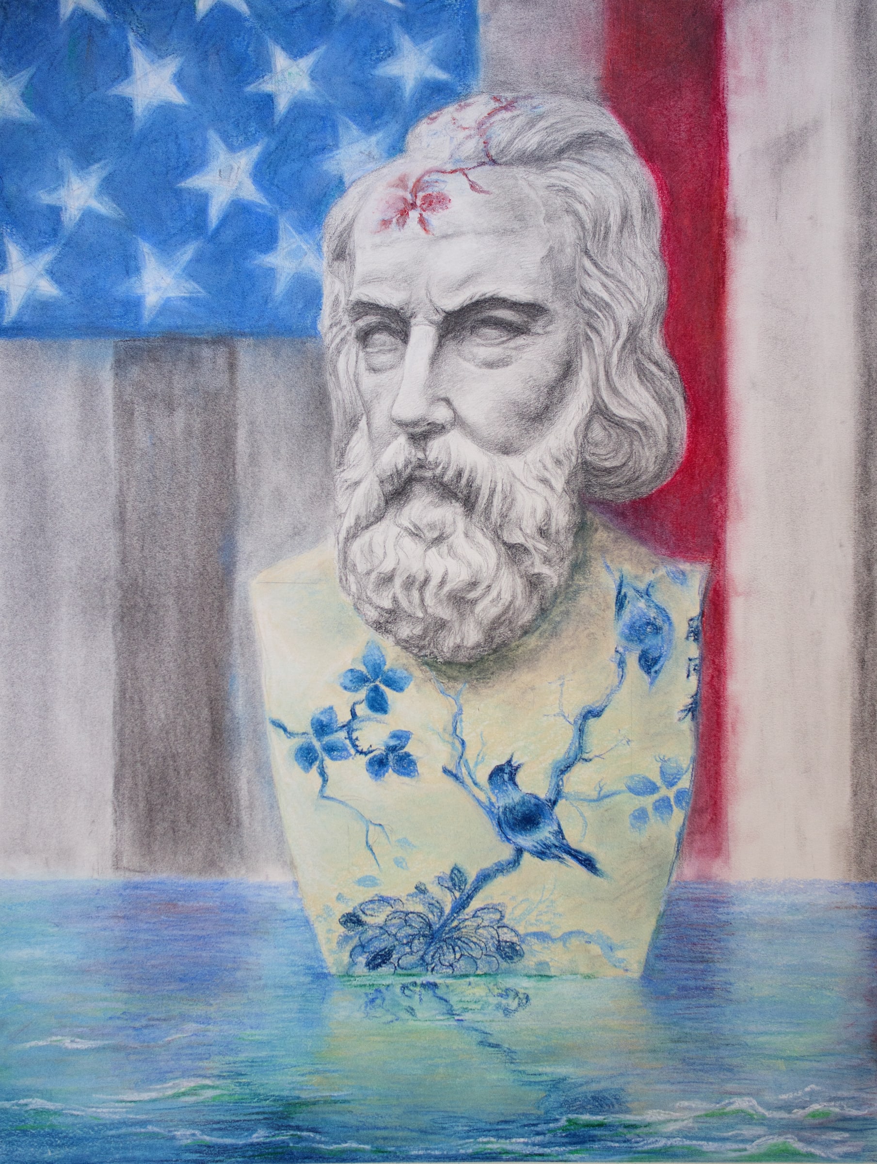 Artwork of a Longfellow bust with an American flag and water