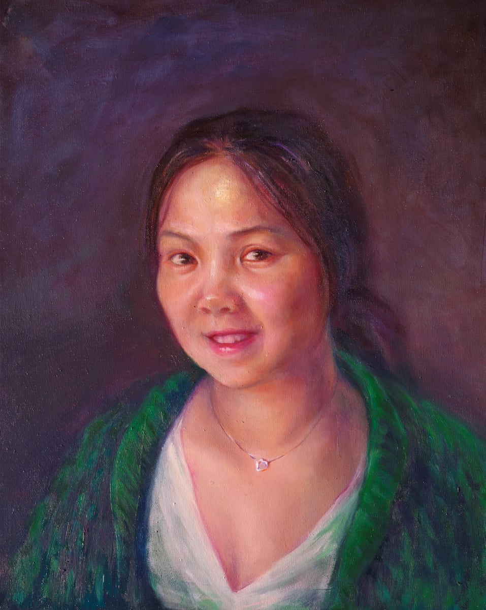 Portrait artwork of a woman in green clothing against a dark background