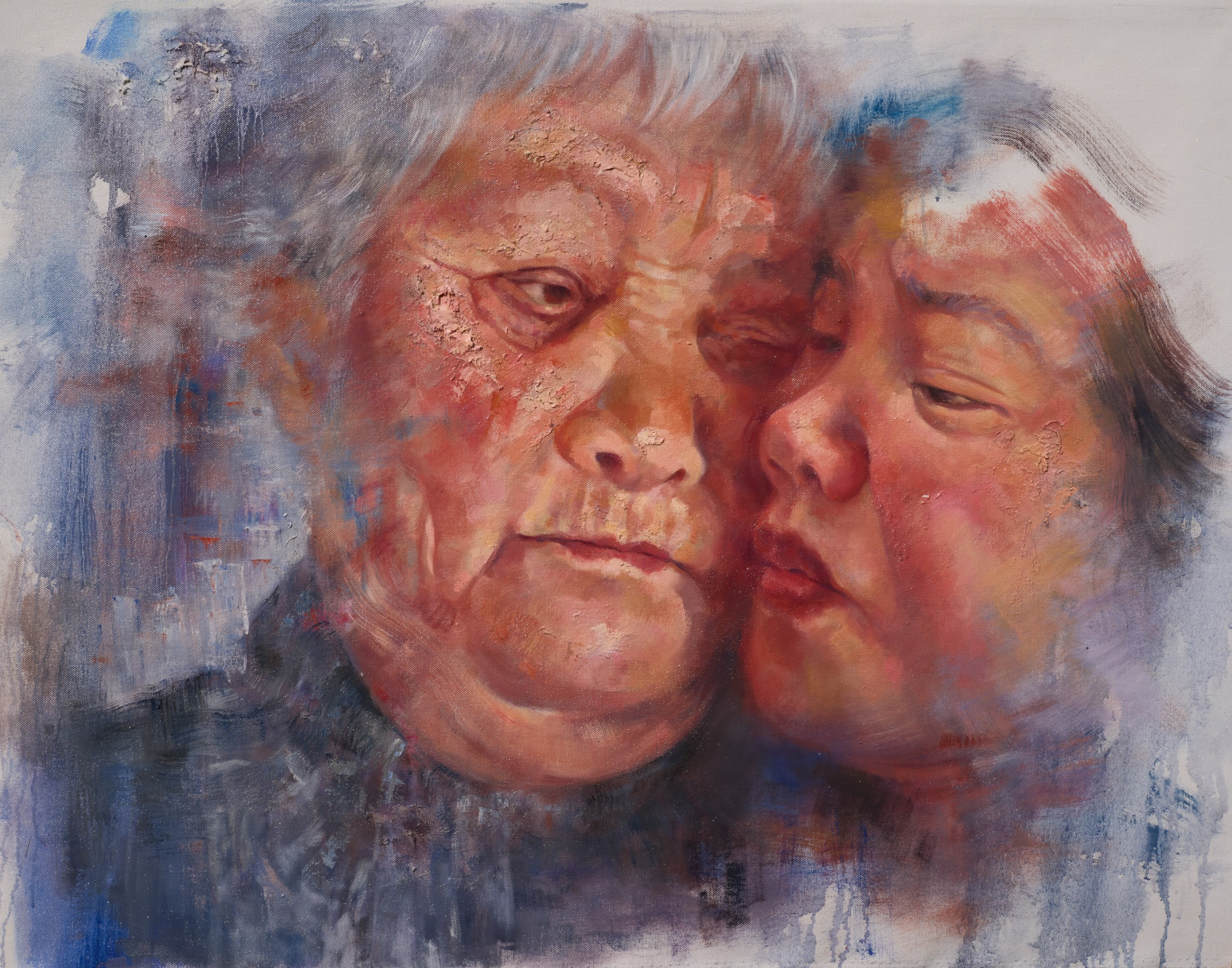 Close portrait painting of two women resting their faces together amid blue and rose brushwork