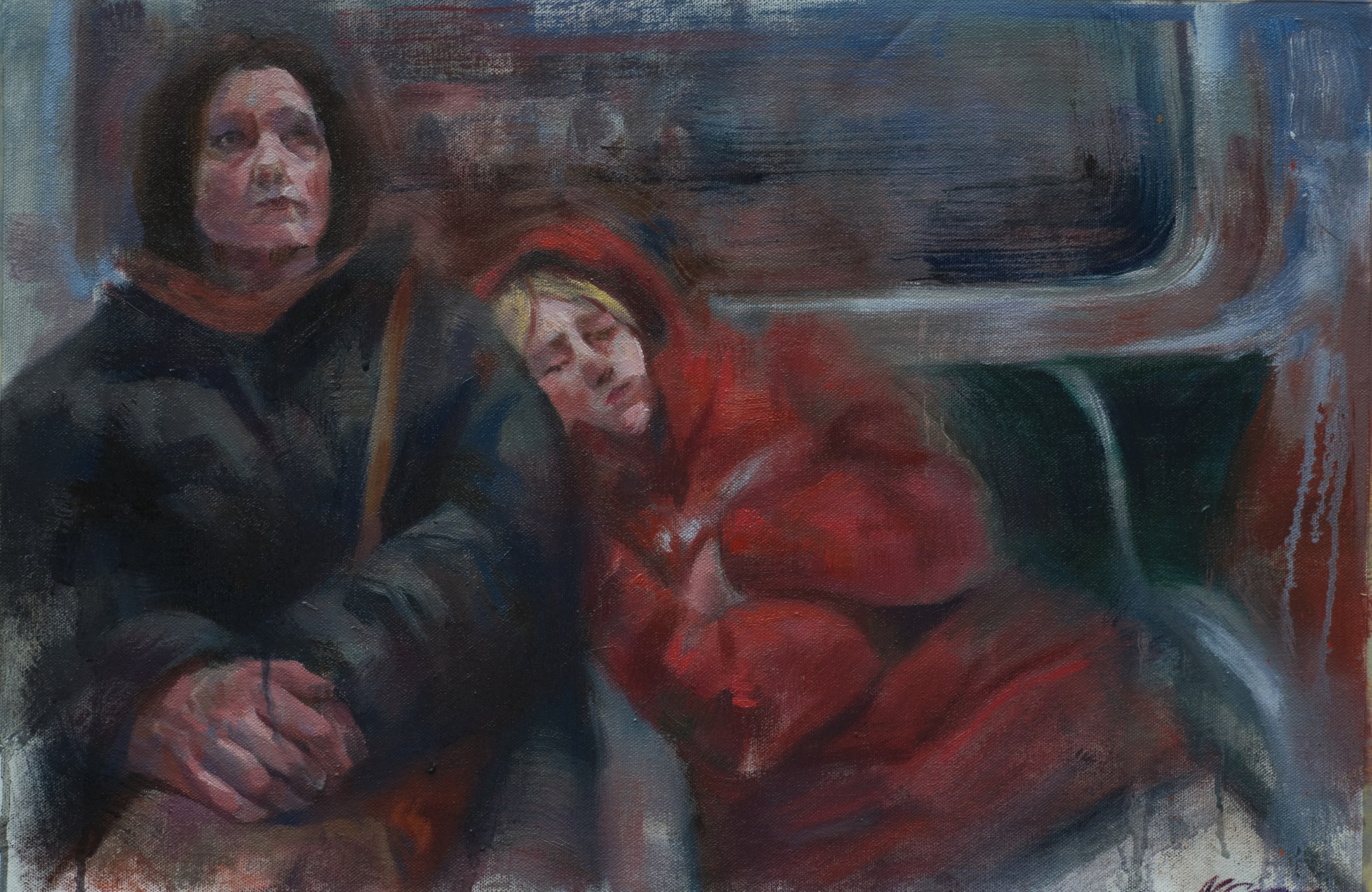 Painting of two passengers seated on a train, one in red resting her head on the other's shoulder