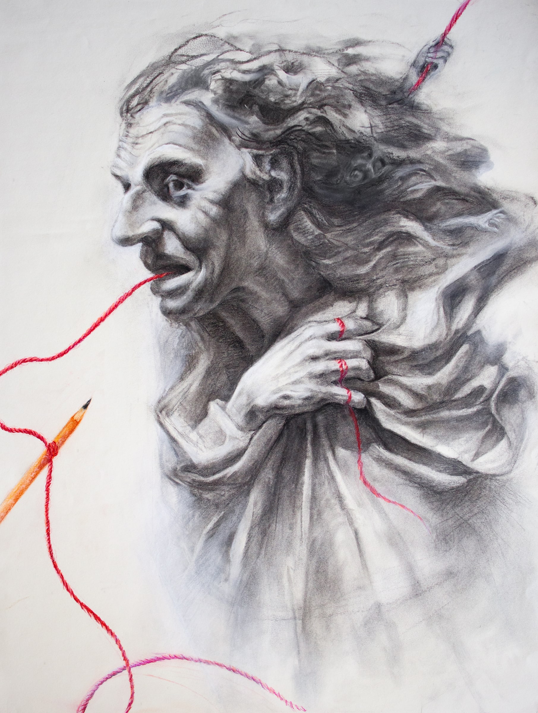 Expressive drawing of an older figure with loose red line accents