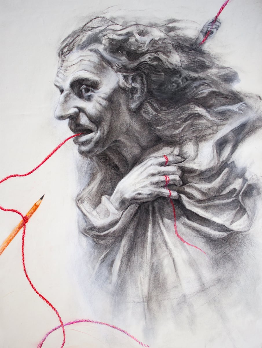 Expressive drawing of an older figure with loose red line accents
