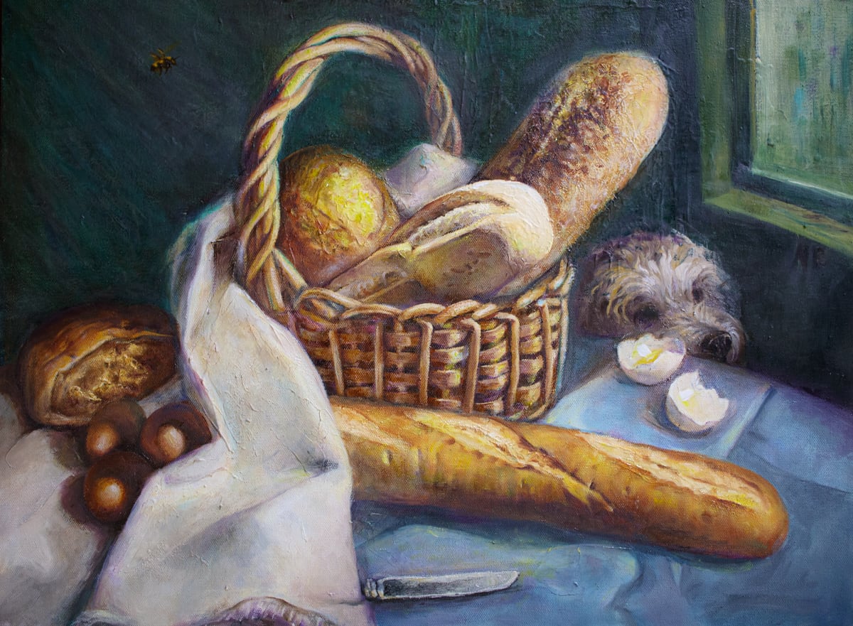 Still life artwork of bread in a basket with a small dog nearby