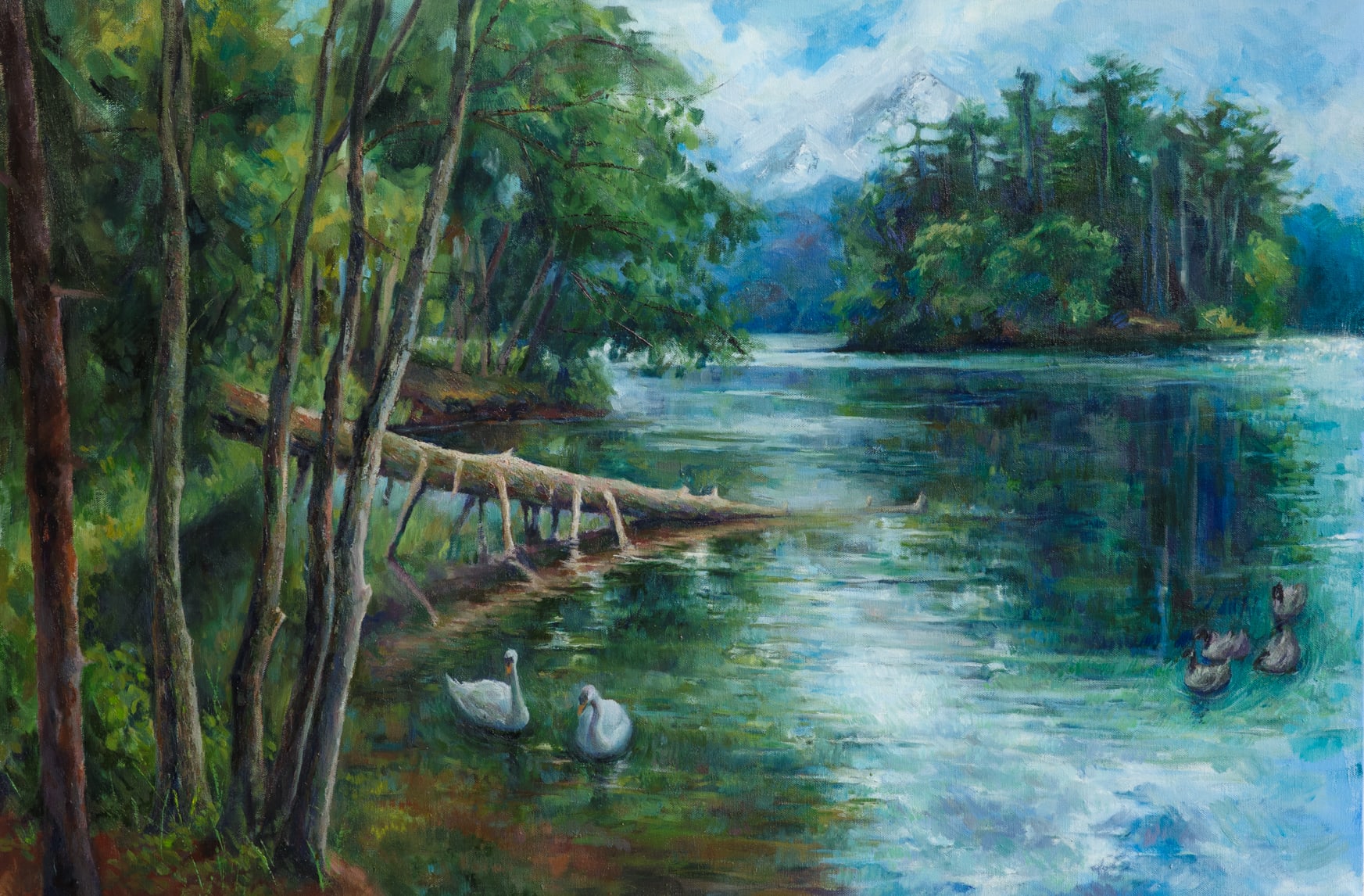 Landscape artwork of a quiet river or lake surrounded by trees
