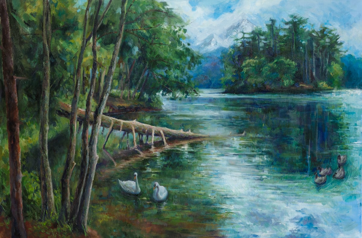 Landscape artwork of a quiet river or lake surrounded by trees