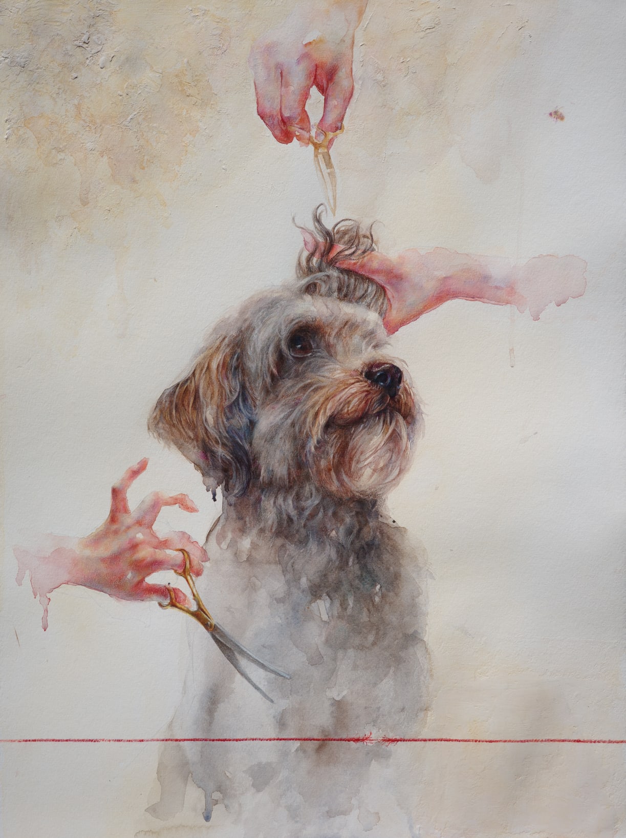 Figurative artwork of a hand reaching toward a small animal