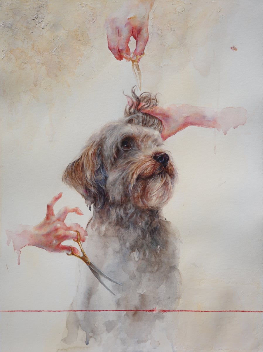 Figurative artwork of a hand reaching toward a small animal