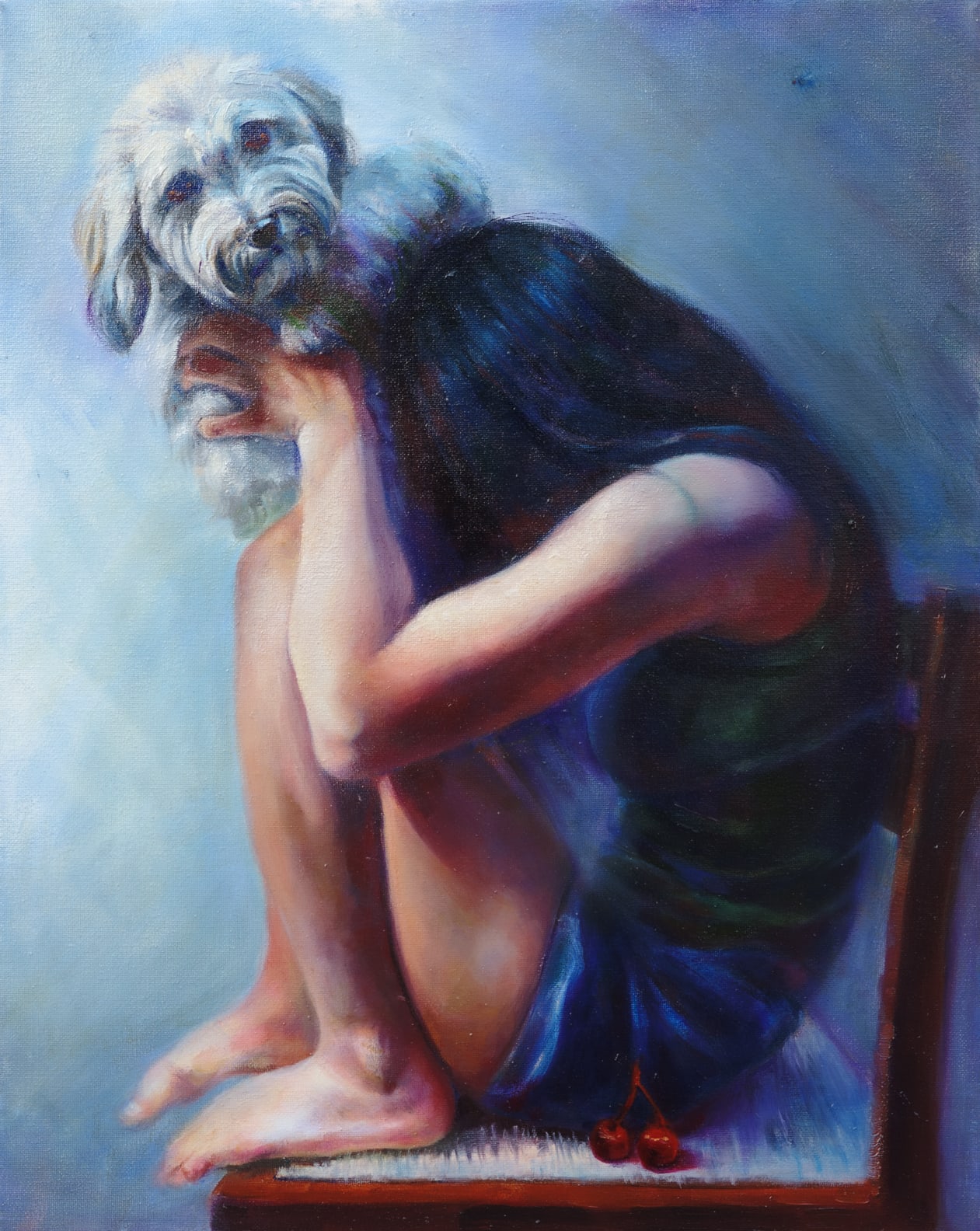 Figurative artwork of a person sitting with a dog in blue tones
