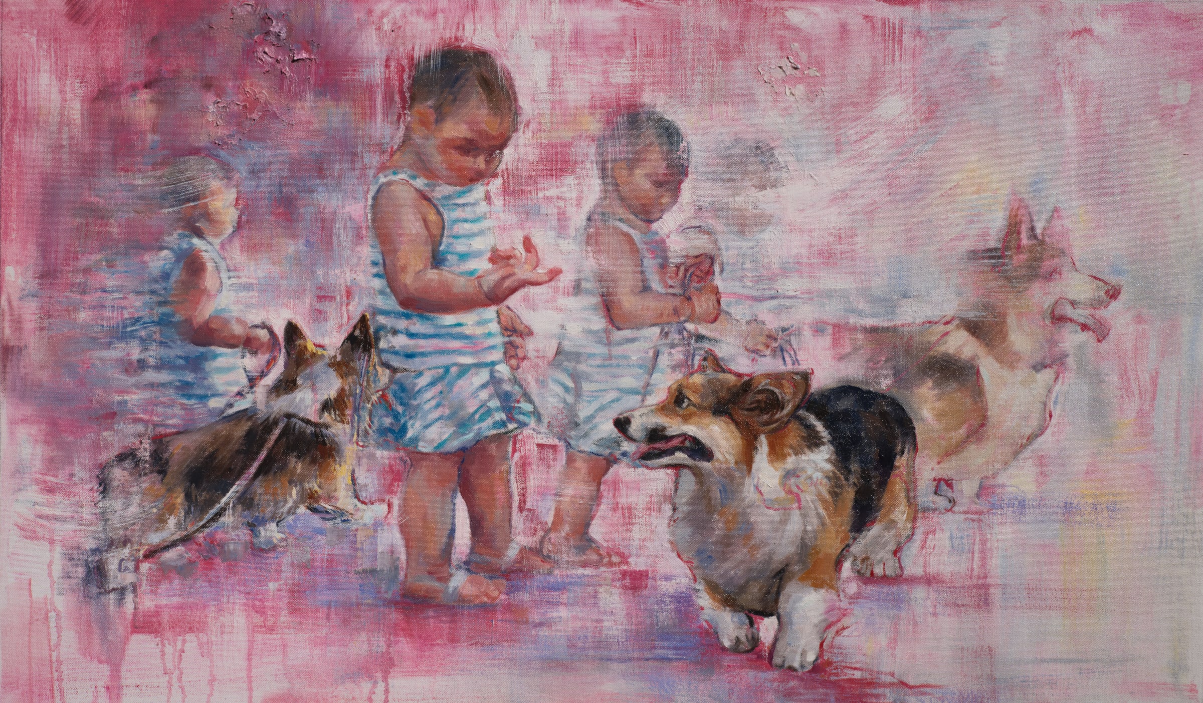 Painting of young children with corgis amid overlapping figures and loose pink brushwork