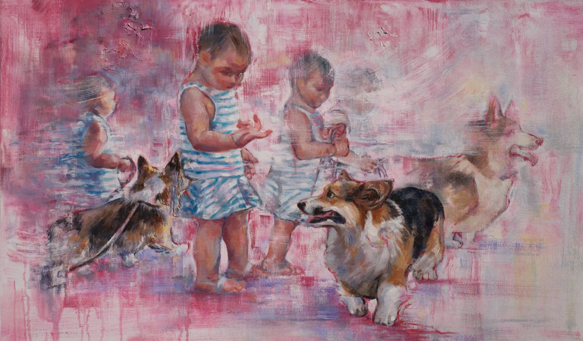 Painting of young children with corgis amid overlapping figures and loose pink brushwork