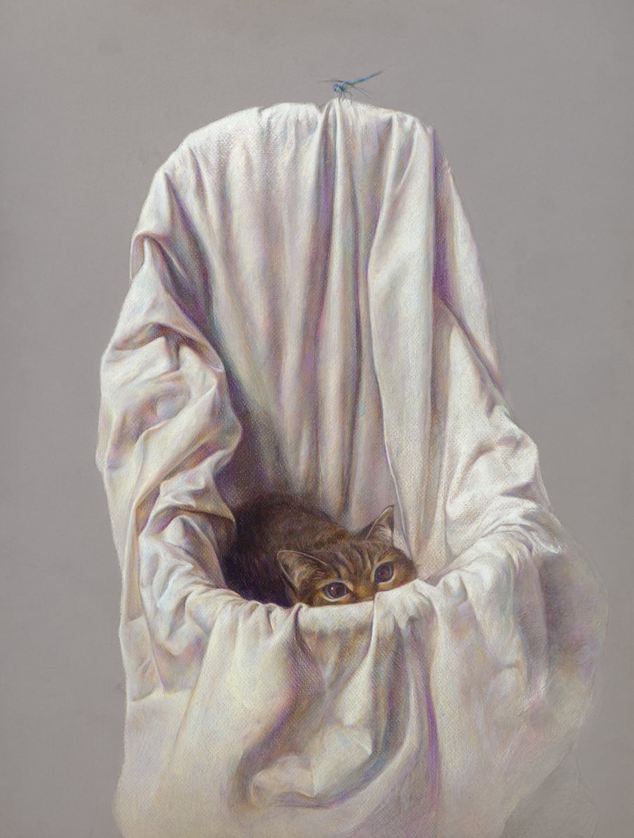 Artwork of draped fabric forming a throne-like chair shape