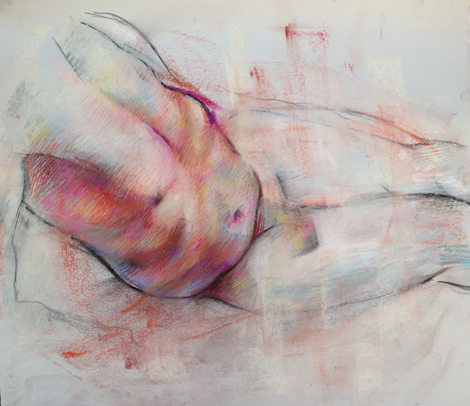 Loose drawing artwork of a torso with red and blue linework