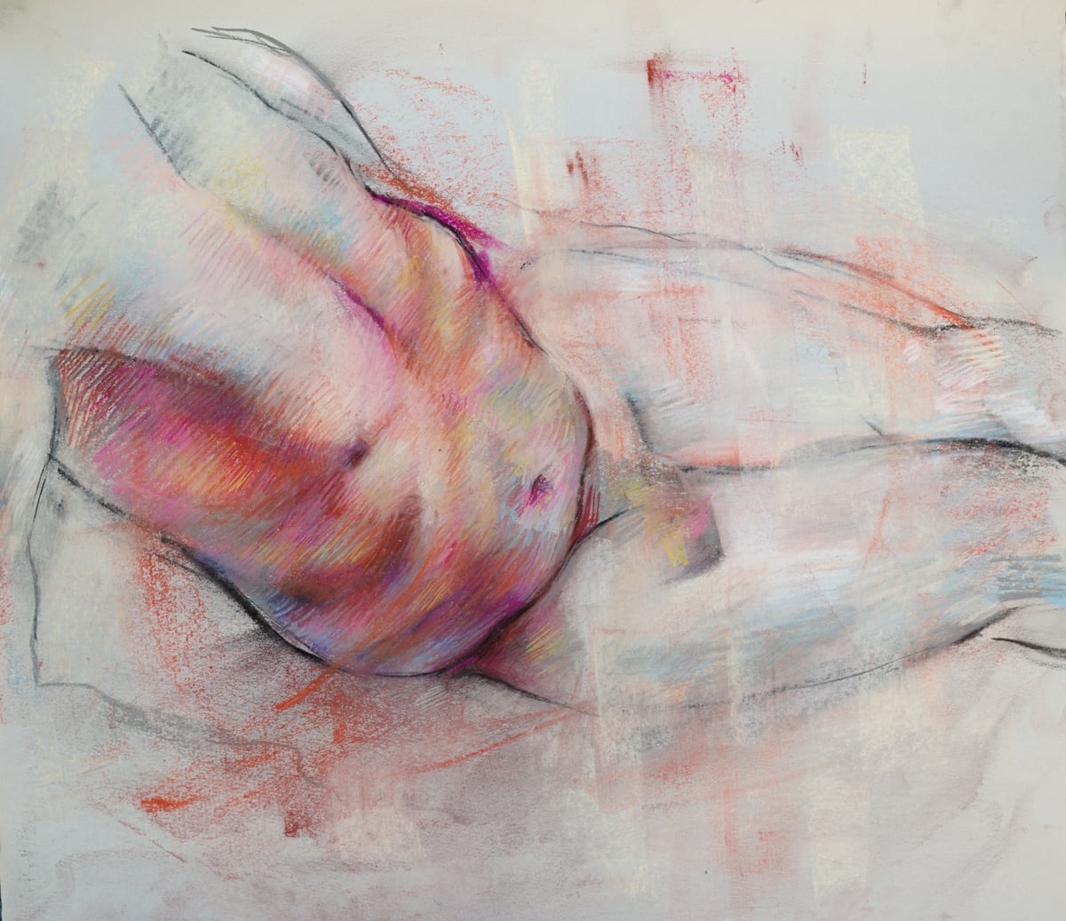 Loose drawing artwork of a torso with red and blue linework