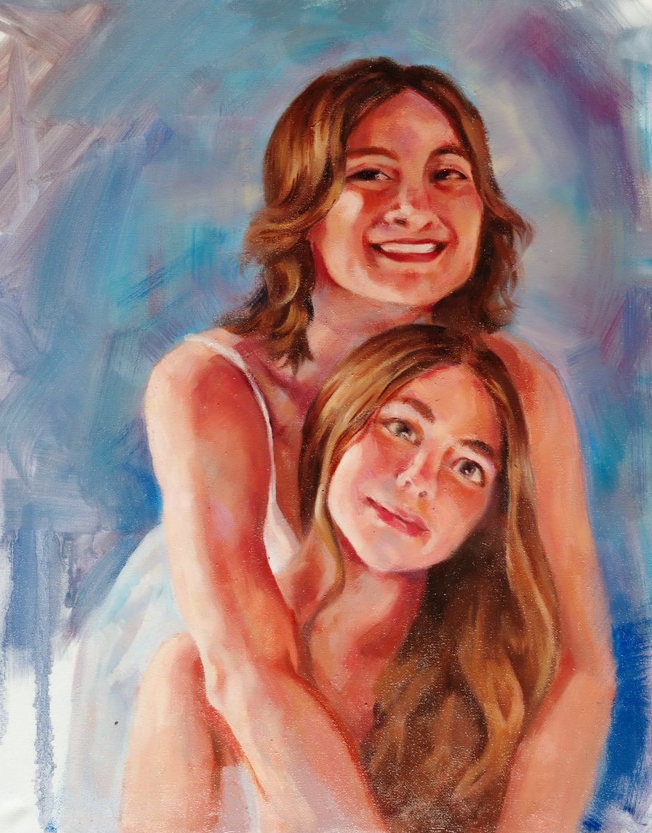 Portrait artwork of two smiling girls against a blue background