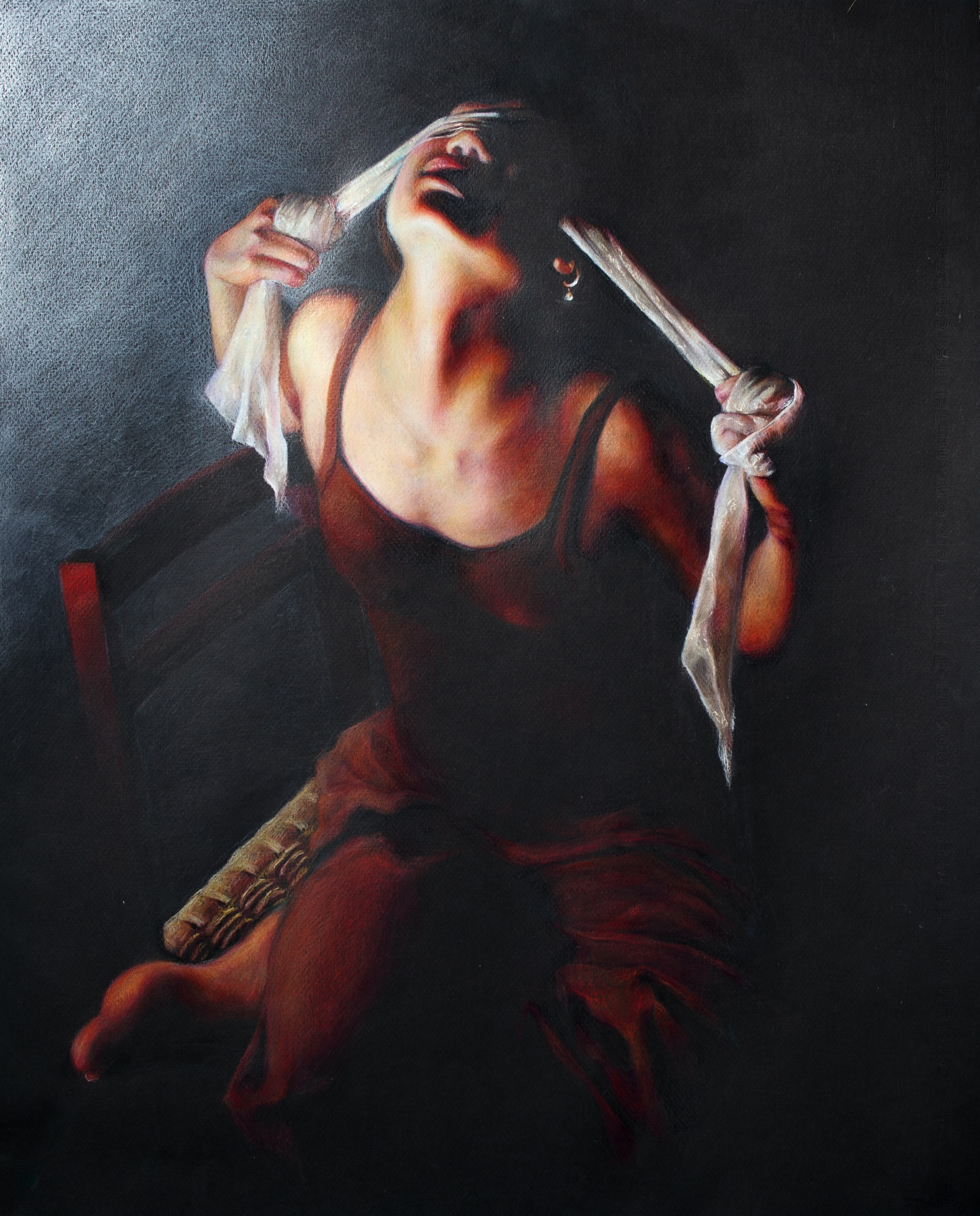 Dark self portrait artwork of a figure holding a brush near the face
