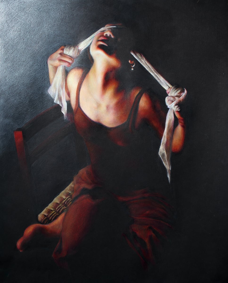 Dark self portrait artwork of a figure holding a brush near the face