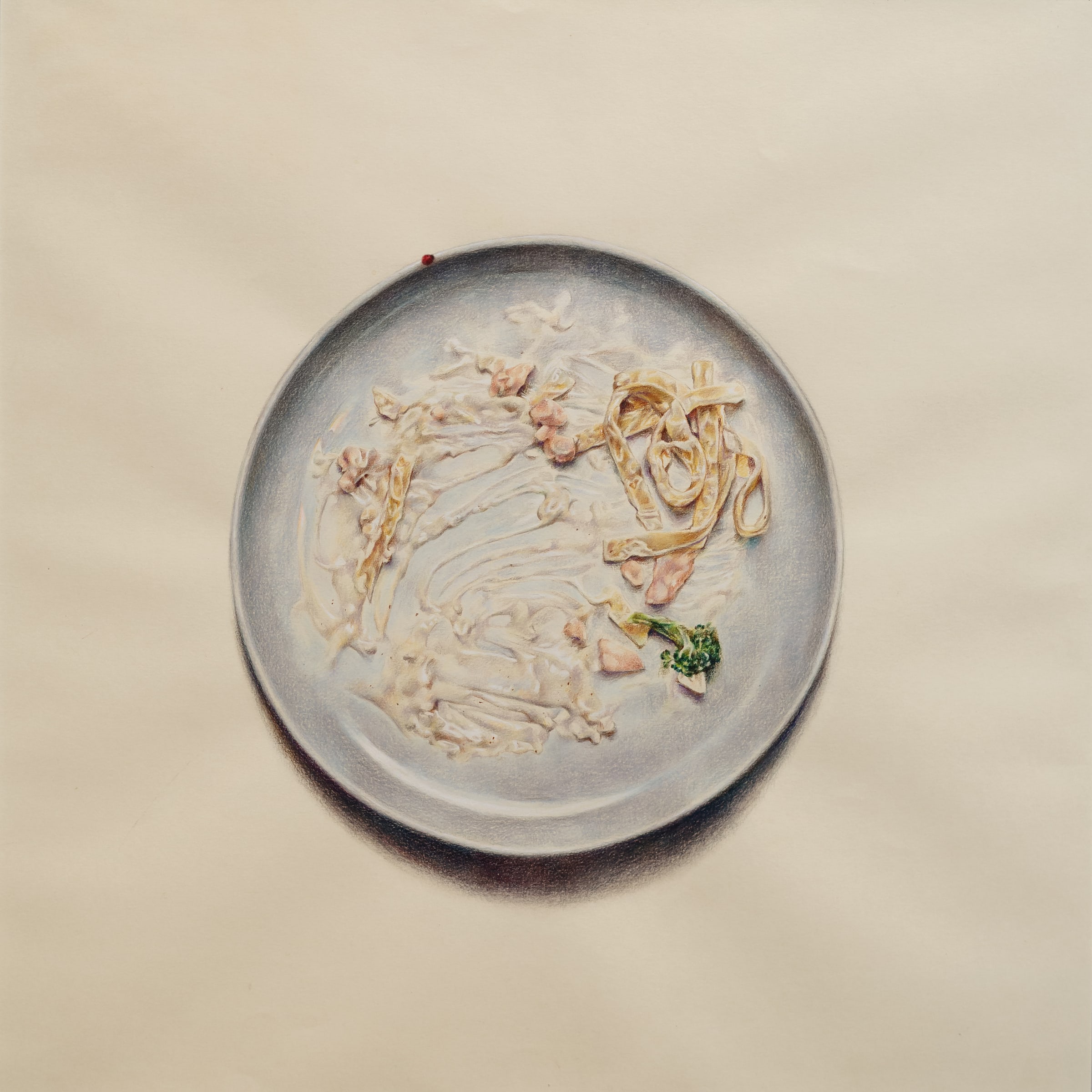 Still life artwork of a plate with pasta and small food details