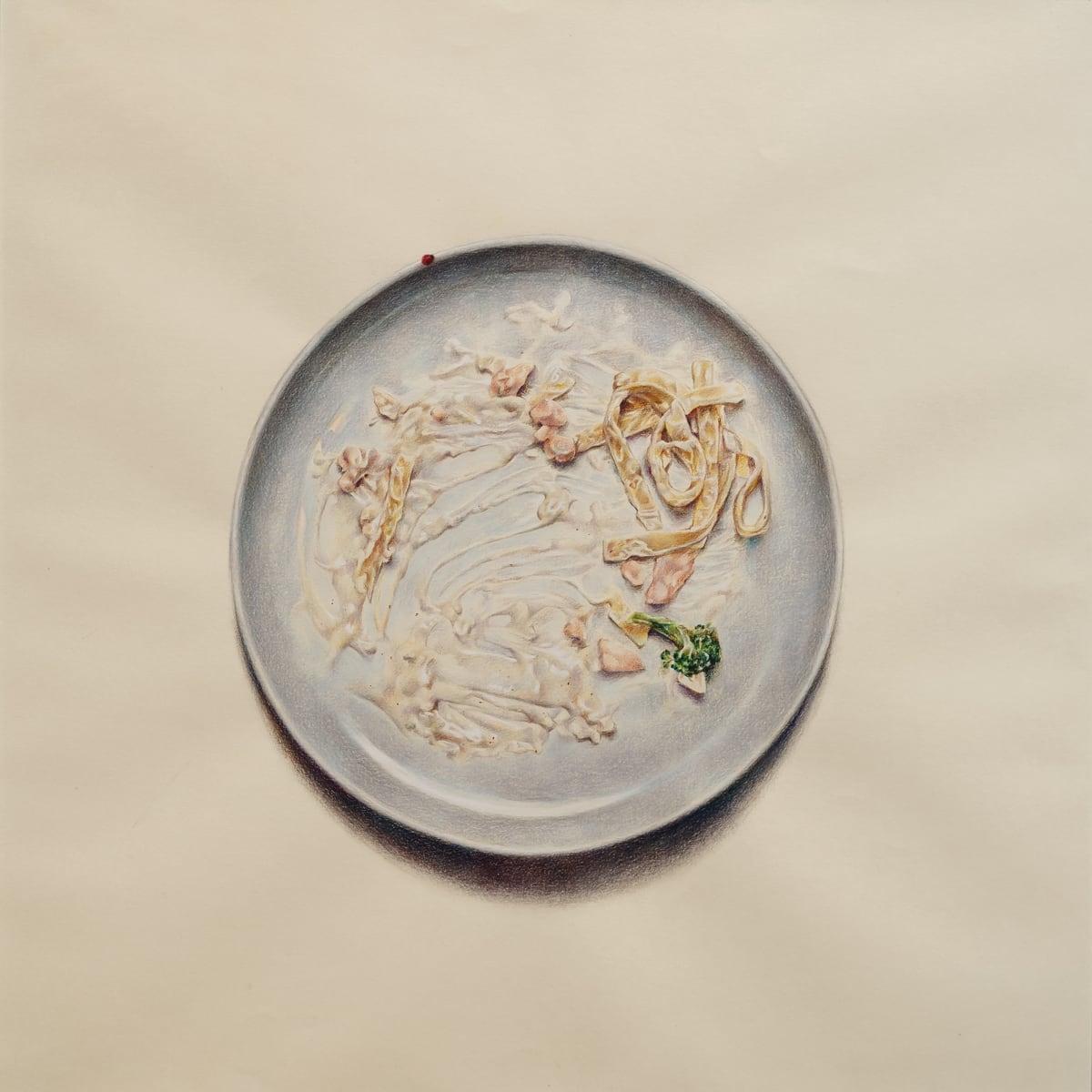 Still life artwork of a plate with pasta and small food details